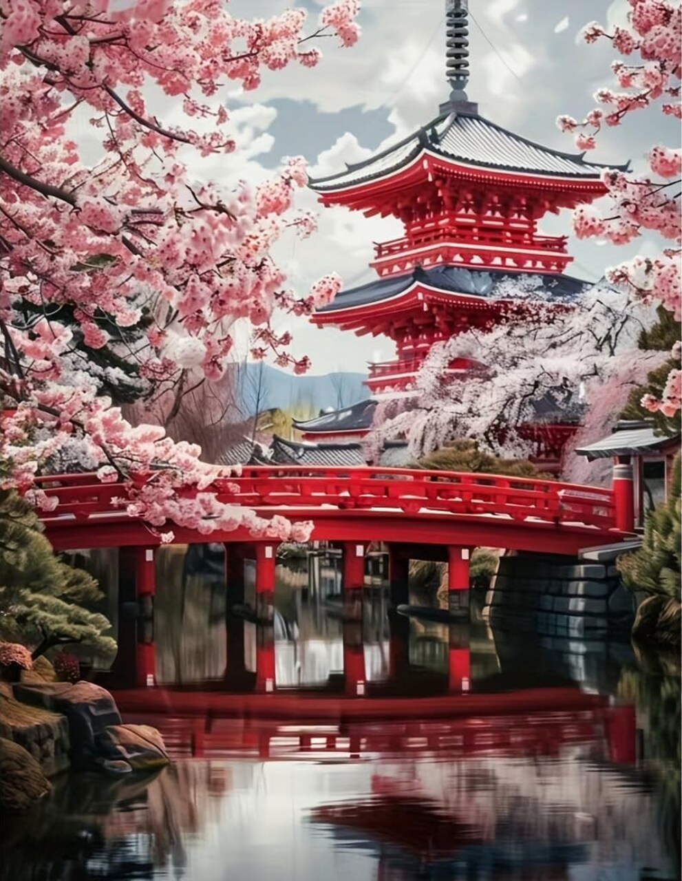 Cherry Blossoms Flower Diamond Painting Kits for Adult Beginners, Traditional Architecture Diamond Art Kits,Full Drill Paint with Diamond Dot Gem Art Painting